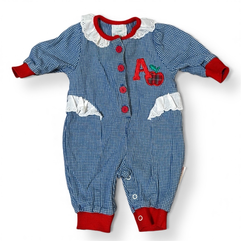 Vintage Healthtex Blue Red Gingham romper Alphabet Apple 0-5m